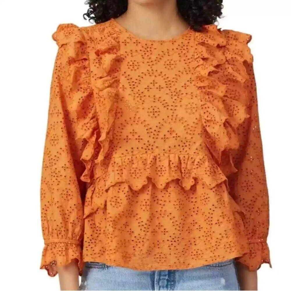 The Great Top Women's Orange Floral Eyelet Ruffled Peplum Long Sleeve Blouse M